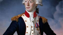 Portrait of Lafayette wearing a formal uniform with a red, white and blue piece on his lapel