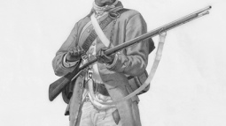 Sketch of a black man in 1770's militia clothing stands with musket in hand