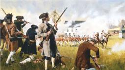Young colonial militiamen exchange fire against British redcoats at sunrise in this painting.