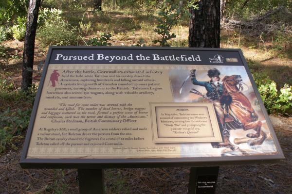 Image of the park sign at Rugeley's Mill State Park with the title  "Pursued Beyond the Battlefield"
