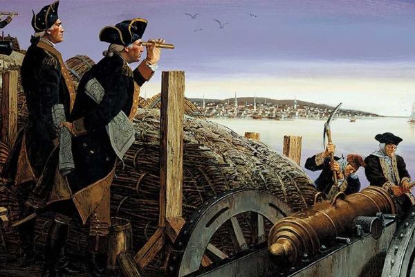 American soldiers overlook Boston from Dorchester Heights
