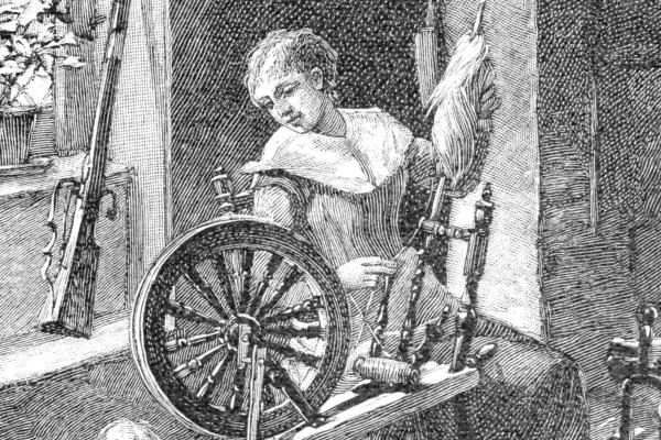 Sketch of a woman spinning in a colonial kitchen.