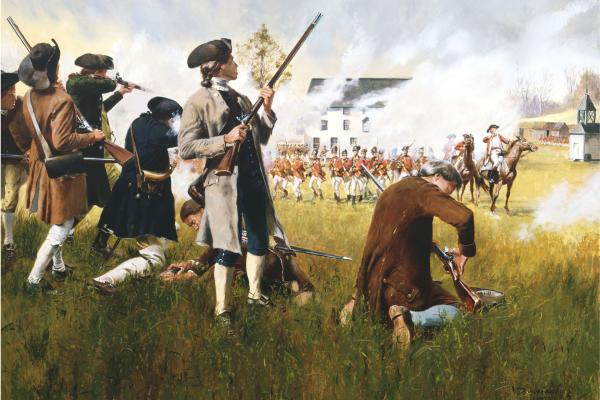Young colonial militiamen exchange fire against British redcoats at sunrise in this painting.