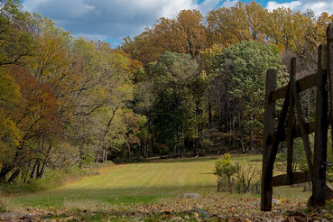 View of a grassy clearing in a forest at Jockey Hollow framed by a split-rail wooden fence, with colorful autumn trees in the background. This area is part of the proposed Penn Line Mutiny Trail at Morristown National Historical Park.