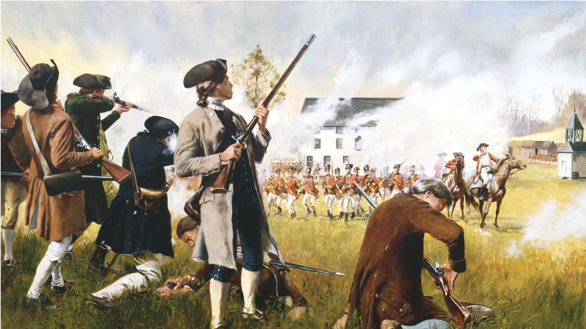 Young colonial militiamen exchange fire against British redcoats at sunrise in this painting.