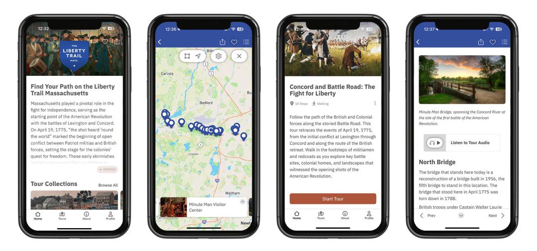 Screenshots from several screens in The Liberty Trail Massachusetts App