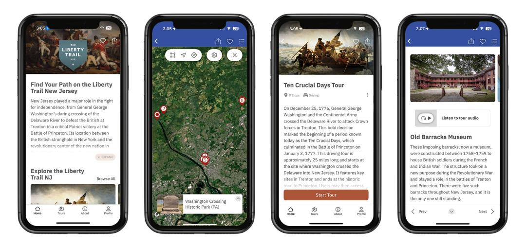 Fours screenshots from the Liberty Trail NJ app